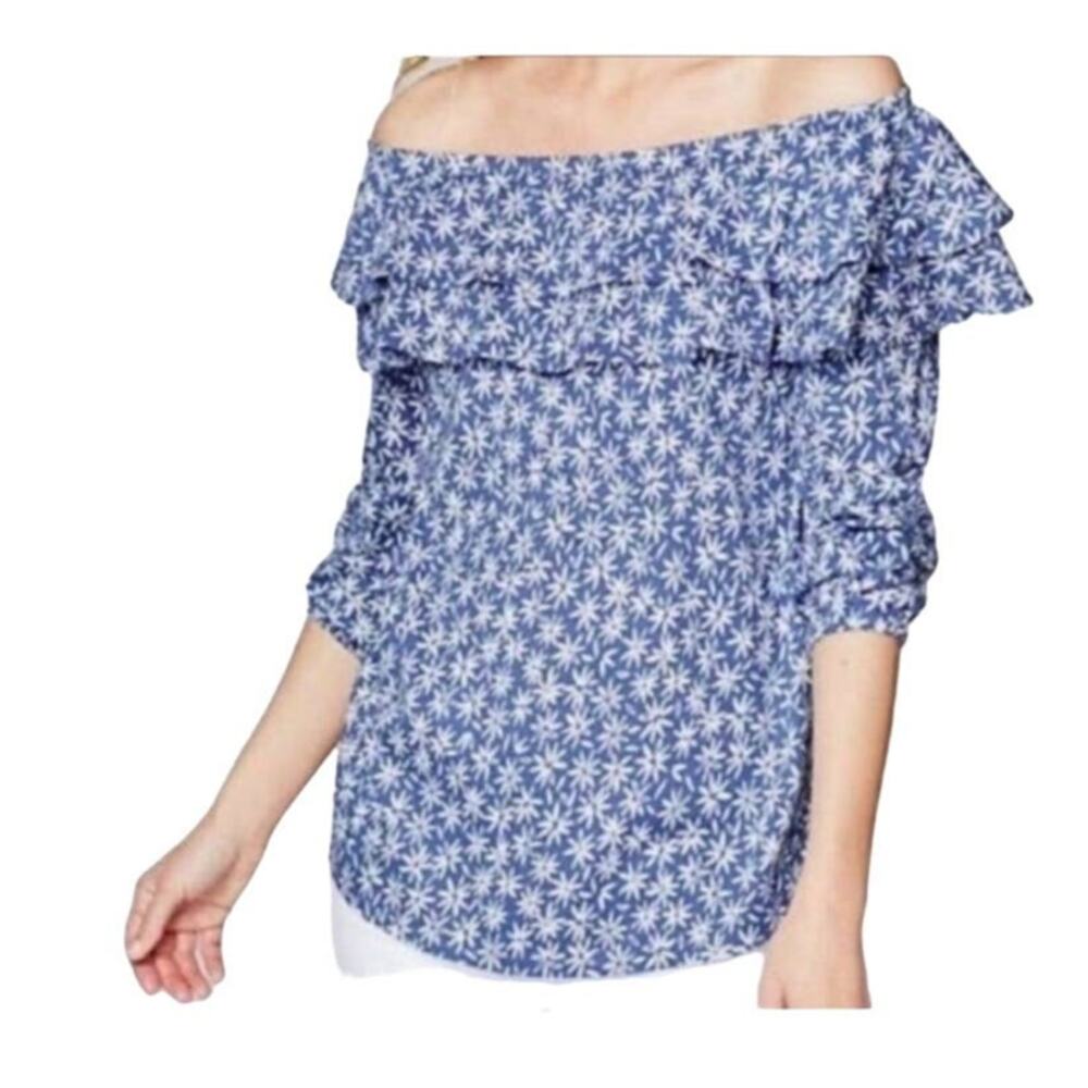 j.jill off shoulder ruffles floral top blouse blue and white size large